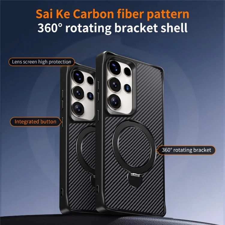 Funda para teléfono Samsung Galaxy S25 Ultra con soporte magnético, cubierta trasera de fibra de carbono de TPU + PC - Negro