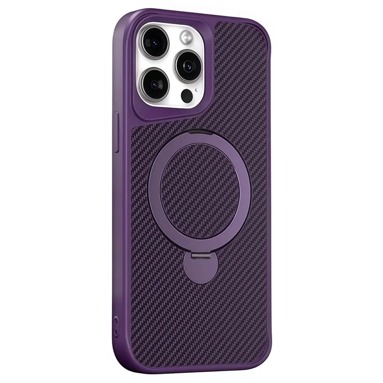 Capa de telefone para iPhone 15 Pro com suporte magnético TPU + capa traseira de fibra de carbono PC - Roxo