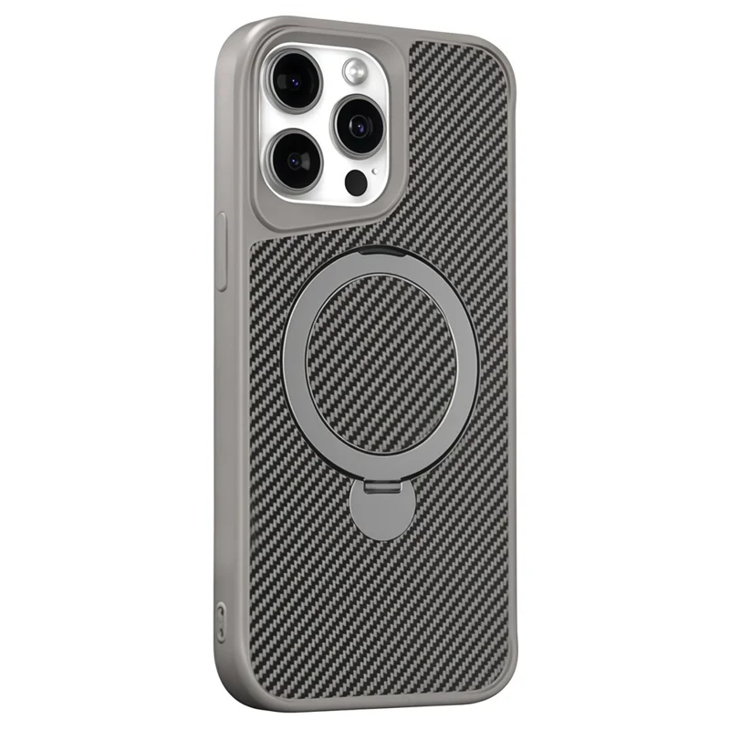 For iPhone 15 Pro Phone Case with Magnetic Kickstand TPU + PC Carbon Fiber Back Cover - Grey