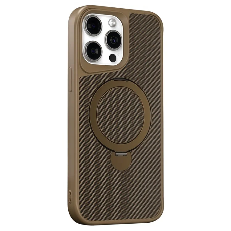 For iPhone 14 Pro Max Phone Case with Magnetic Kickstand TPU + PC Carbon Fiber Back Cover - Brown