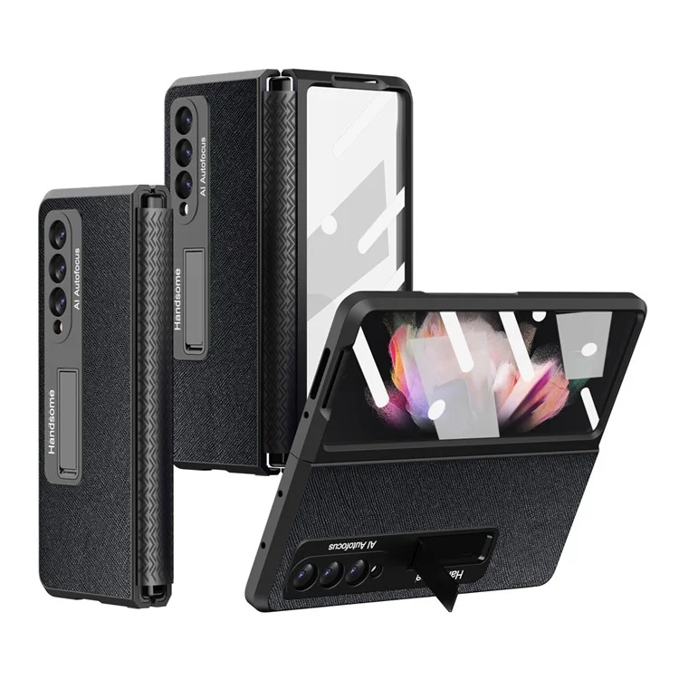 Pour Samsung Galaxy Z Fold4 5G Étui de téléphone antichoc Support Charnière rétractable Protection PU Cuir + PC dur Housse de téléphone avec film de protection d'écran - Noir