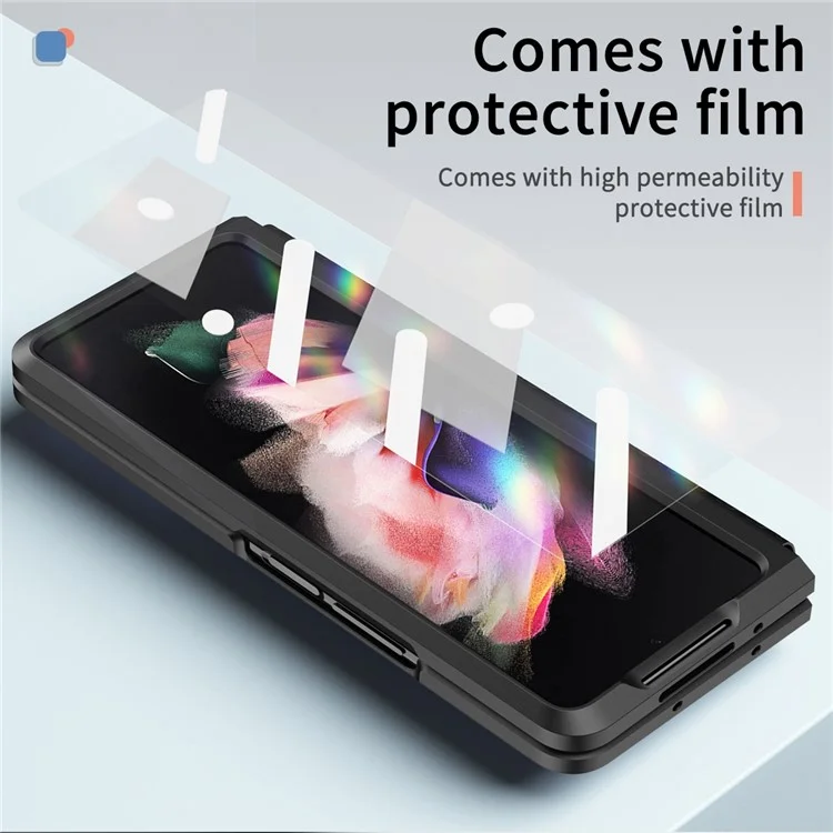 Pour Samsung Galaxy Z Fold4 5G Étui de téléphone antichoc Support Charnière rétractable Protection PU Cuir + PC dur Housse de téléphone avec film de protection d'écran - Noir