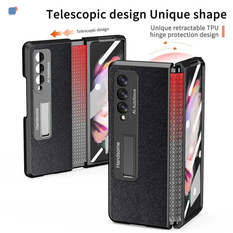 Pour Samsung Galaxy Z Fold4 5G Étui de téléphone antichoc Support Charnière rétractable Protection PU Cuir + PC dur Housse de téléphone avec film de protection d'écran - Noir