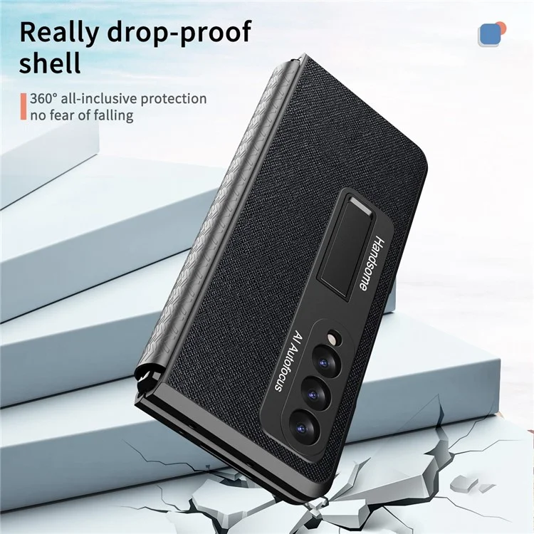 Pour Samsung Galaxy Z Fold4 5G Étui de téléphone antichoc Support Charnière rétractable Protection PU Cuir + PC dur Housse de téléphone avec film de protection d'écran - Noir