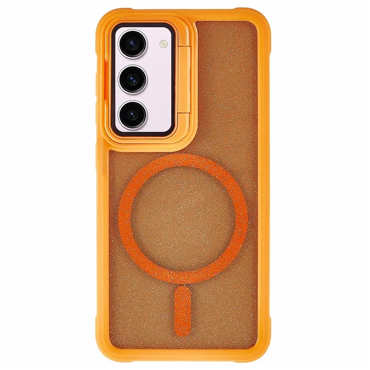 For Samsung Galaxy S23 Glitter Phone Case Compatible with MagSafe Sparkling Cover with Lens Cover Kickstand - Orange
