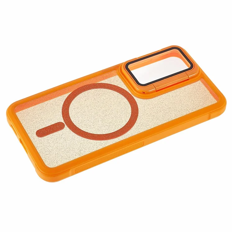 For Samsung Galaxy S23 Glitter Phone Case Compatible with MagSafe Sparkling Cover with Lens Cover Kickstand - Orange