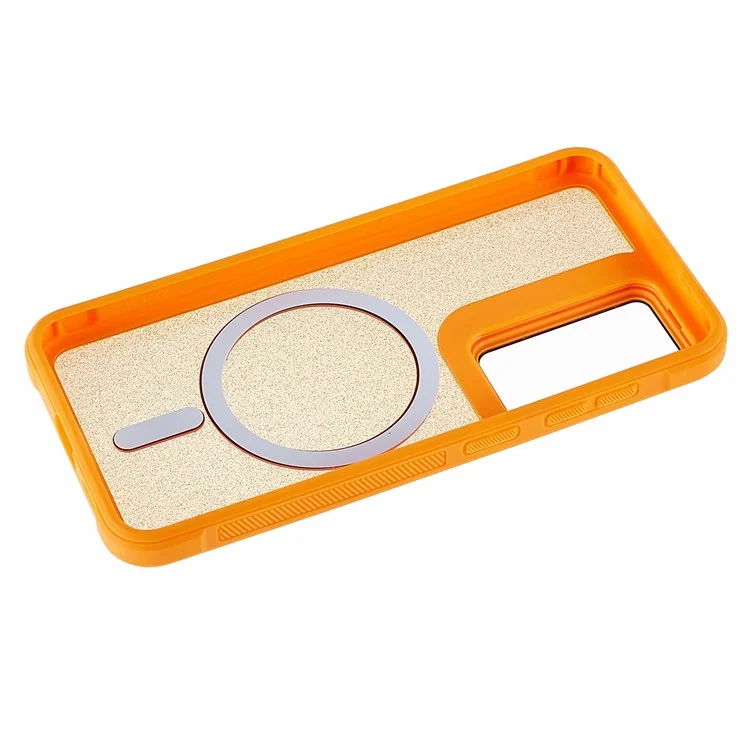 For Samsung Galaxy S23 Glitter Phone Case Compatible with MagSafe Sparkling Cover with Lens Cover Kickstand - Orange