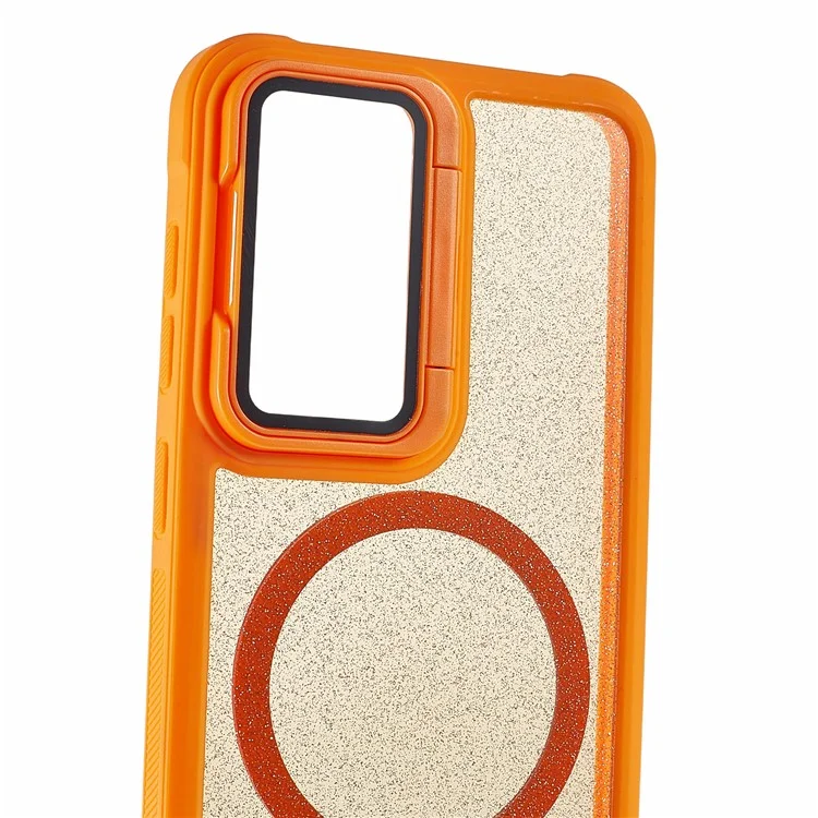 For Samsung Galaxy S23 Glitter Phone Case Compatible with MagSafe Sparkling Cover with Lens Cover Kickstand - Orange