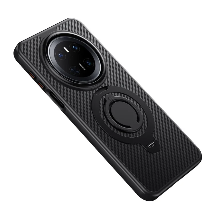 For Huawei Mate 70 Case Compatible with MagSafe Kickstand Carbon Fiber Texture PC + TPU Back Cover with Silicone Ring - Black