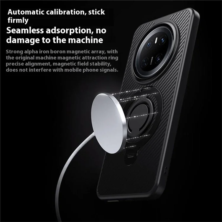 For Huawei Mate 70 Case Compatible with MagSafe Kickstand Carbon Fiber Texture PC + TPU Back Cover with Silicone Ring - Black