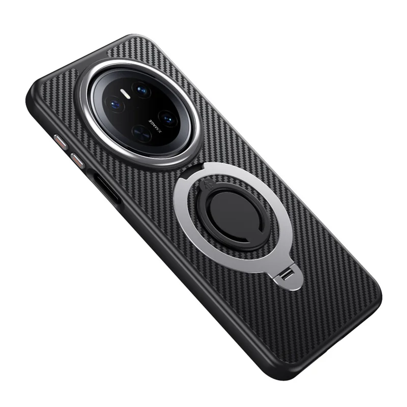 For Huawei Mate 70 Magnetic Case Kickstand Carbon Fiber Texture PC + TPU Back Cover with Silicone Ring - Silver