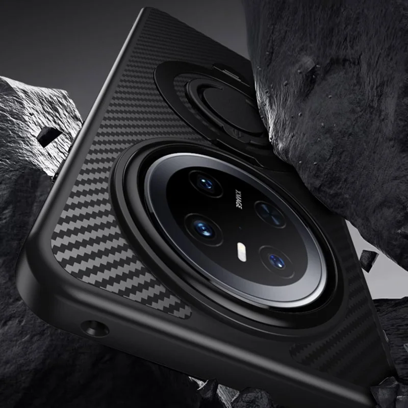 For Huawei Mate 70 Magnetic Case Kickstand Carbon Fiber Texture PC + TPU Back Cover with Silicone Ring - Silver