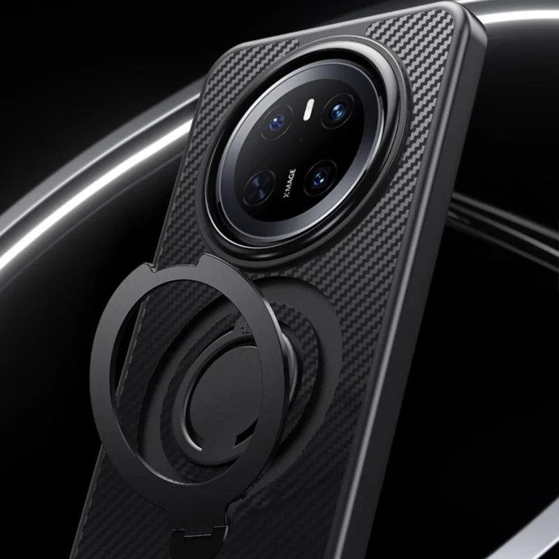 For Huawei Mate 70 Magnetic Case Kickstand Carbon Fiber Texture PC + TPU Back Cover with Silicone Ring - Silver