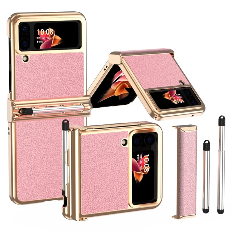 For Samsung Galaxy Z Flip3 5G Anti-scratch Phone Case with Two Hinges Litchi Texture Folding Cell Phone Protective Cover with Telescopic Stylus - Gold / Pink
