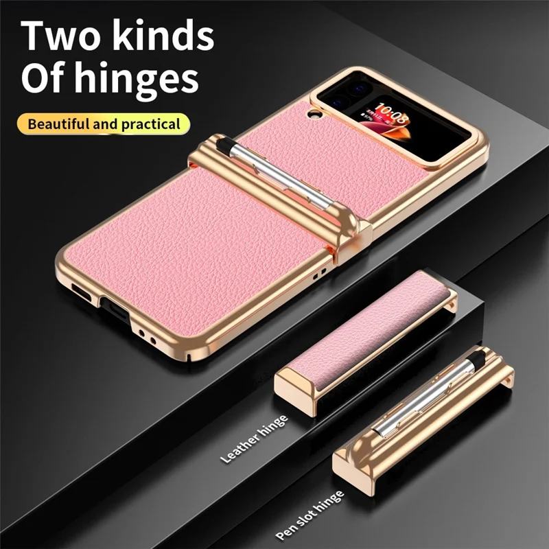 For Samsung Galaxy Z Flip3 5G Anti-scratch Phone Case with Two Hinges Litchi Texture Folding Cell Phone Protective Cover with Telescopic Stylus - Gold / Pink