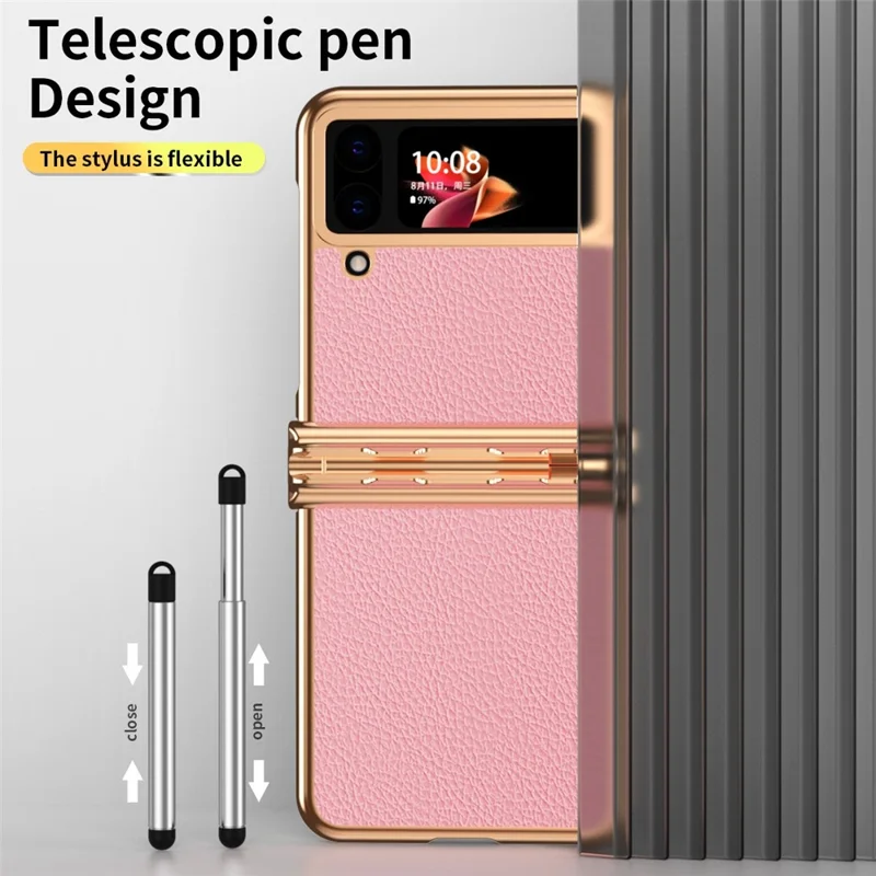 For Samsung Galaxy Z Flip3 5G Anti-scratch Phone Case with Two Hinges Litchi Texture Folding Cell Phone Protective Cover with Telescopic Stylus - Gold / Pink