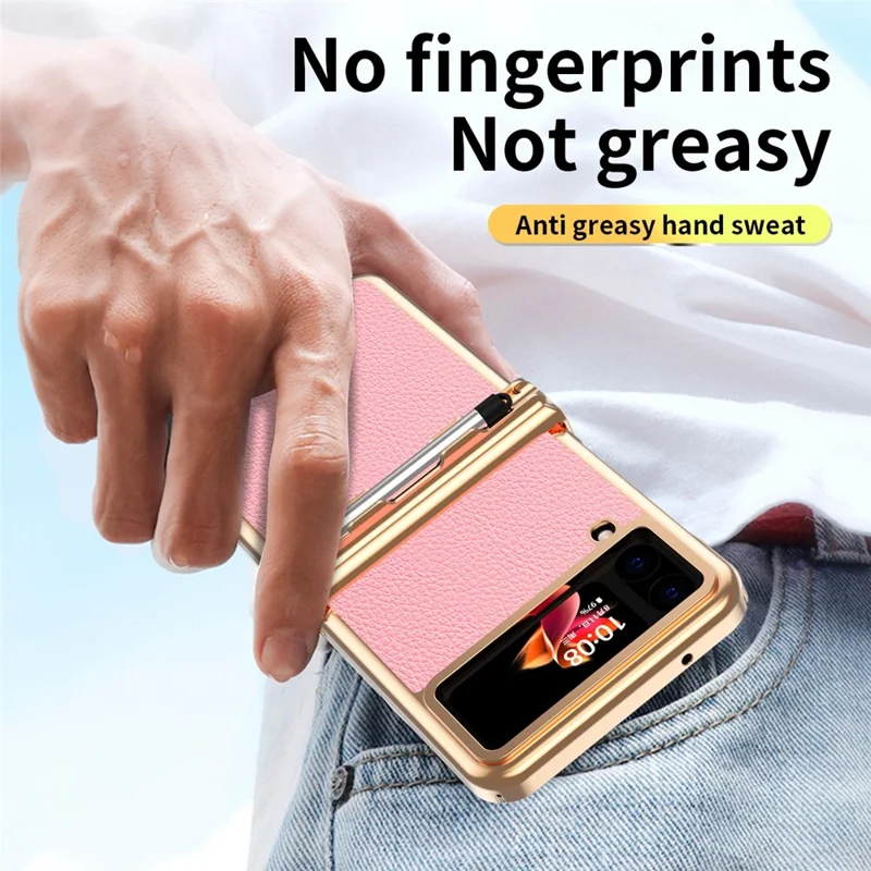For Samsung Galaxy Z Flip3 5G Anti-scratch Phone Case with Two Hinges Litchi Texture Folding Cell Phone Protective Cover with Telescopic Stylus - Gold / Pink
