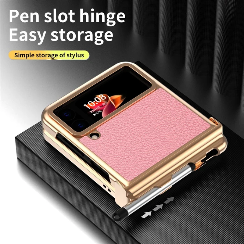 For Samsung Galaxy Z Flip3 5G Anti-scratch Phone Case with Two Hinges Litchi Texture Folding Cell Phone Protective Cover with Telescopic Stylus - Gold / Pink