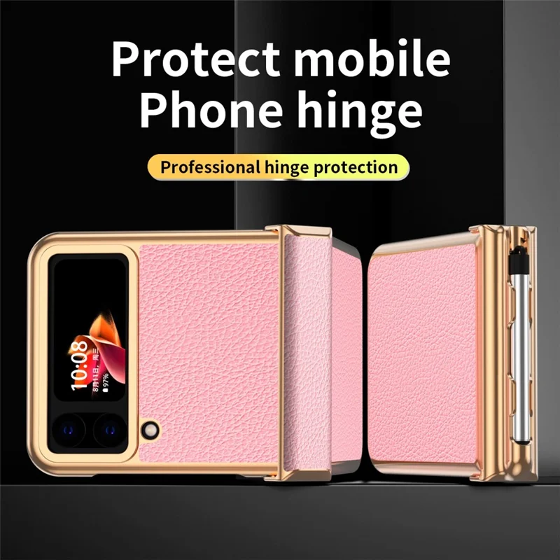 For Samsung Galaxy Z Flip3 5G Anti-scratch Phone Case with Two Hinges Litchi Texture Folding Cell Phone Protective Cover with Telescopic Stylus - Gold / Pink
