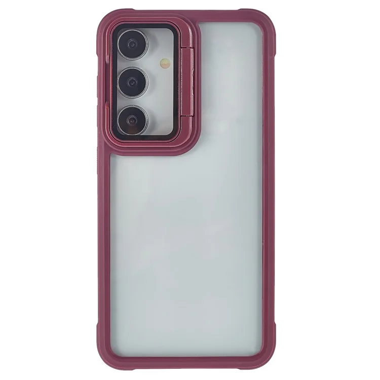 Capa para Samsung Galaxy S25 com tampa da lente, suporte, PC+TPU, tampa traseira transparente - Vinho tinto
