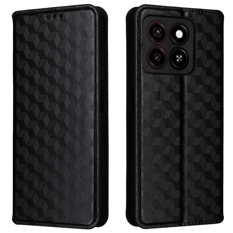 For ZTE Blade A35 / Blade A55 Wallet Case Rhombus Imprinted Leather Phone Cover - Black