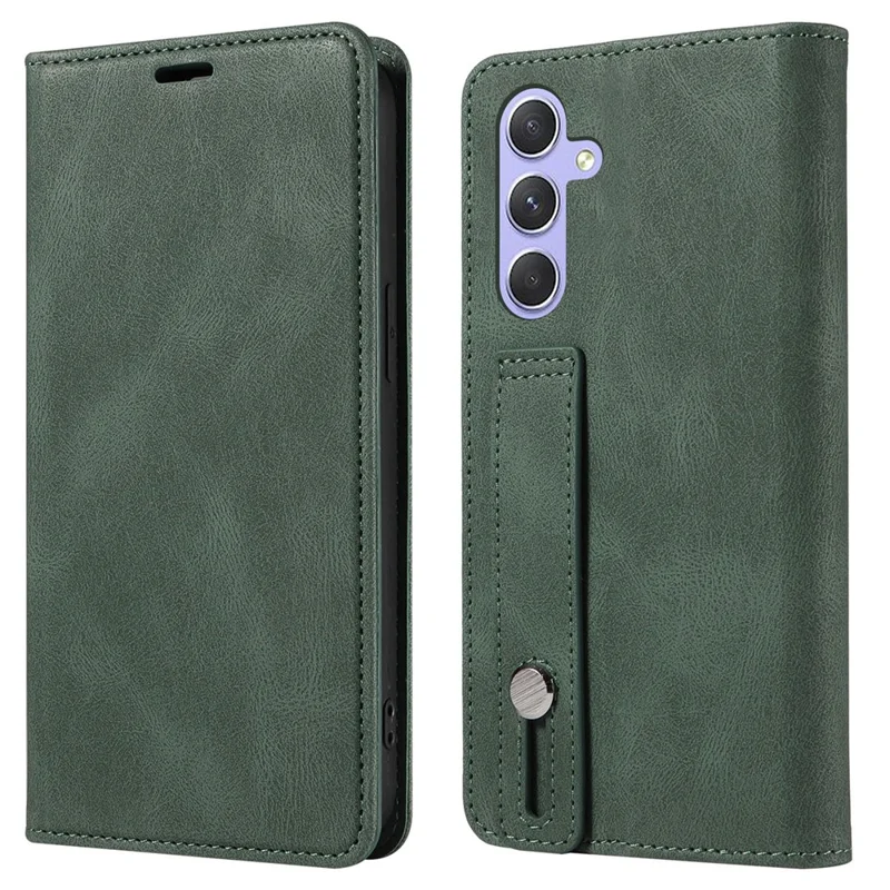 Voor Samsung Galaxy S25+ Hoesje met Polsbandje Steunstand Magneet Leer Telefoonportemonnee Cover - Groen