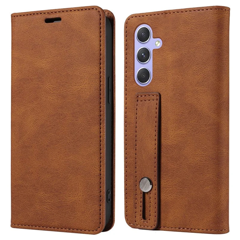 For Samsung Galaxy S25+ Case Wristband Design Stand Magnetic Leather Phone Wallet Cover - Brown