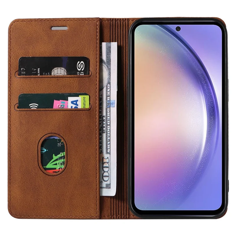 For Samsung Galaxy S25+ Case Wristband Design Stand Magnetic Leather Phone Wallet Cover - Brown