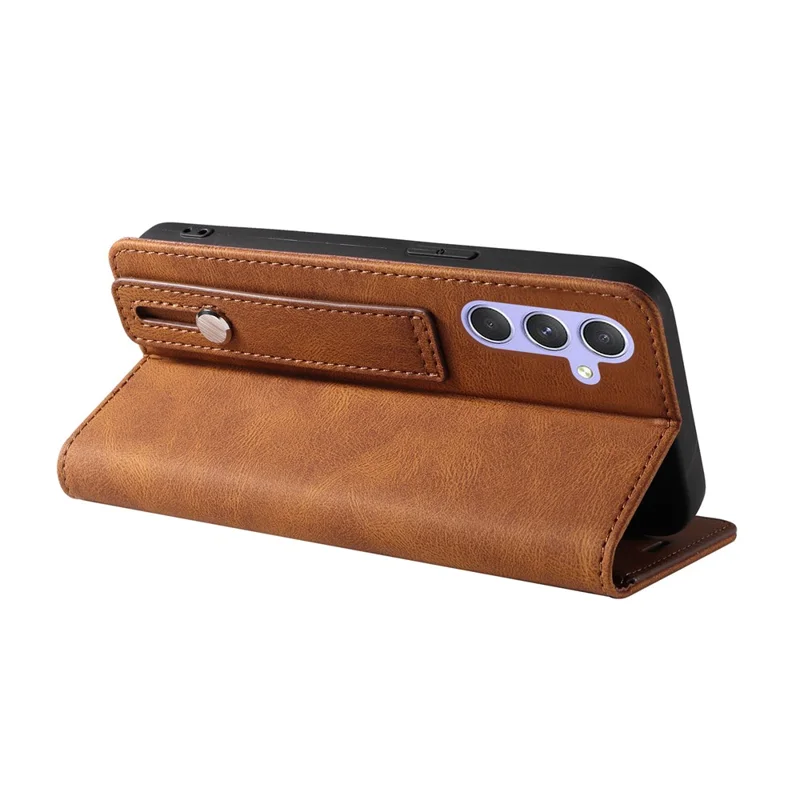 For Samsung Galaxy S25+ Case Wristband Design Stand Magnetic Leather Phone Wallet Cover - Brown