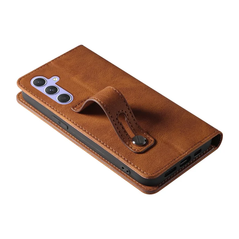 For Samsung Galaxy S25+ Case Wristband Design Stand Magnetic Leather Phone Wallet Cover - Brown