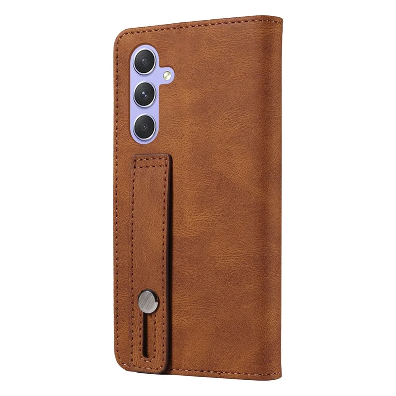 For Samsung Galaxy S25+ Case Wristband Design Stand Magnetic Leather Phone Wallet Cover - Brown