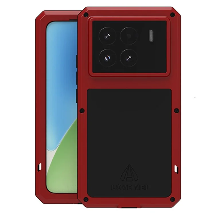 Custodia per Xiaomi 15 Pro LOVE MEI, con protezione dello schermo in vetro temperato, cover in metallo e silicone - Rosso
