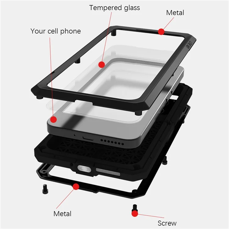 Custodia per Xiaomi 15 Pro LOVE MEI, con protezione dello schermo in vetro temperato, cover in metallo e silicone - Rosso