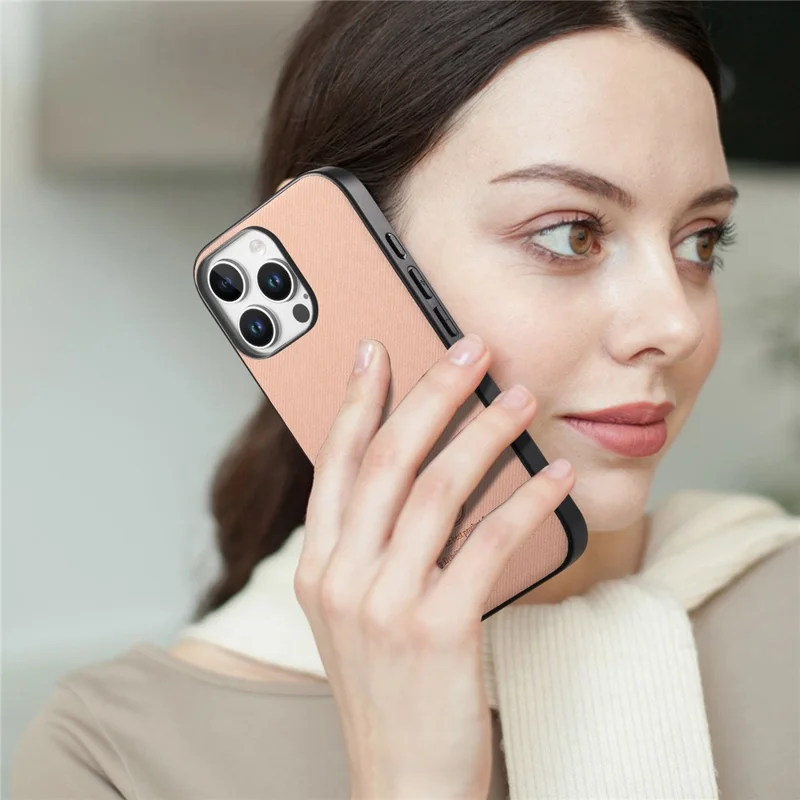 For iPhone 13 Pro Max Case Cloth Texture Leather + PC + TPU Anti-Drop Phone Cover - Pink