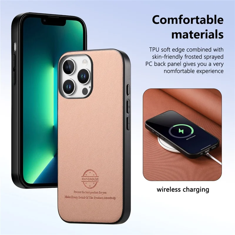 For iPhone 13 Pro Max Case Cloth Texture Leather + PC + TPU Anti-Drop Phone Cover - Pink