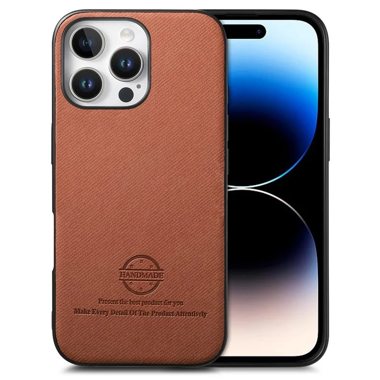 Étui pour iPhone 14 Pro Max avec texture en tissu, en cuir, PC et TPU anti-chute - Marron
