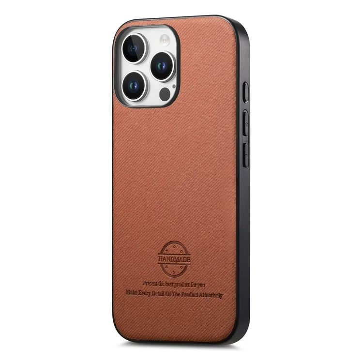Étui pour iPhone 14 Pro Max avec texture en tissu, en cuir, PC et TPU anti-chute - Marron
