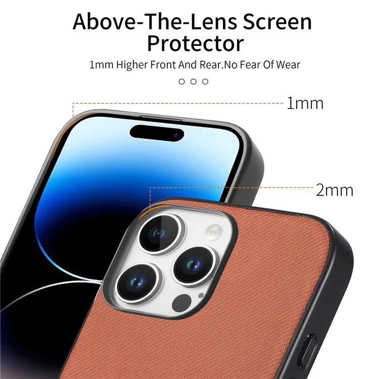 Étui pour iPhone 14 Pro Max avec texture en tissu, en cuir, PC et TPU anti-chute - Marron