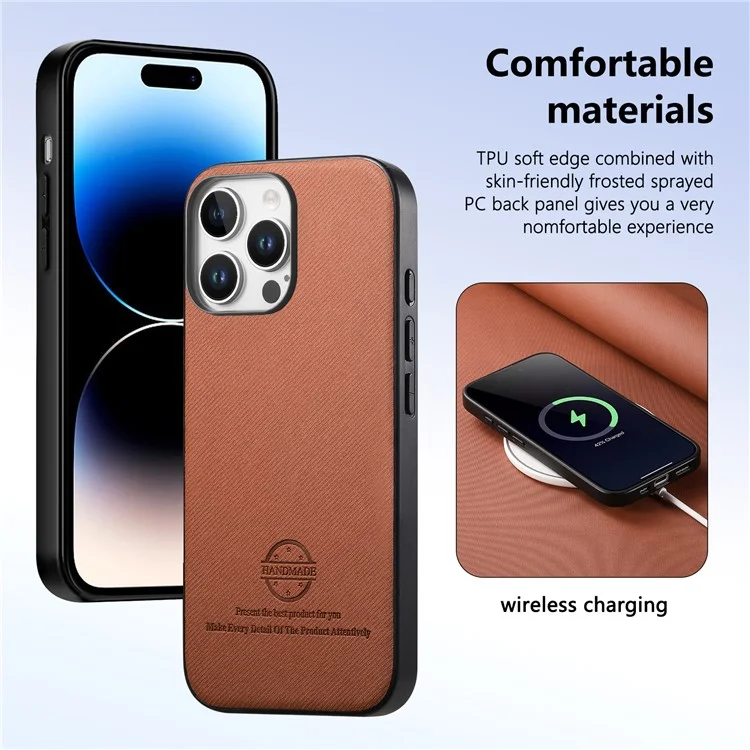 Étui pour iPhone 14 Pro Max avec texture en tissu, en cuir, PC et TPU anti-chute - Marron