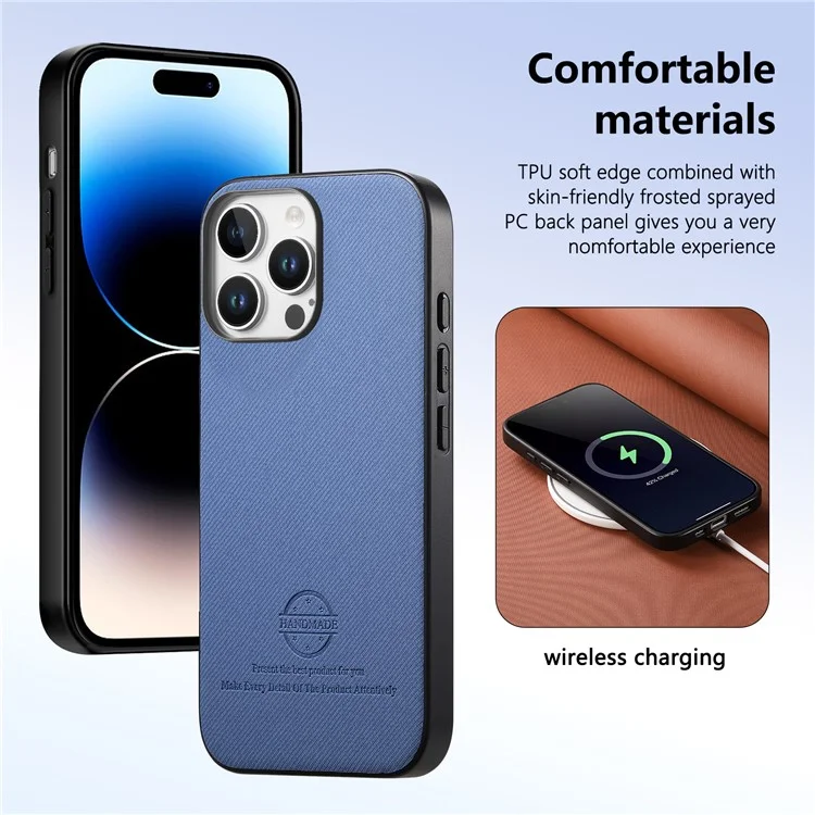 Étui pour iPhone 14 Pro Texture en tissu Cuir + PC + TPU Anti-chute Housse de téléphone - Bleu