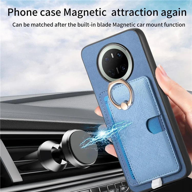For Huawei Mate 70 Case Ring Kickstand Leather + TPU + PC Phone Cover Detachable Card Holder - Blue
