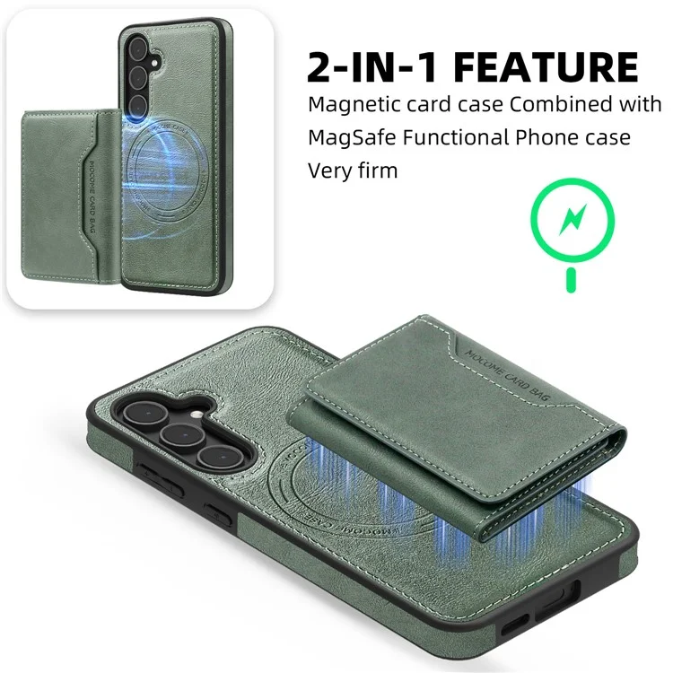 Funda para Samsung Galaxy S25 compatible con MagSafe, cubierta de teléfono de cuero con bolsa de tarjeta desmontable - Verde negruzco