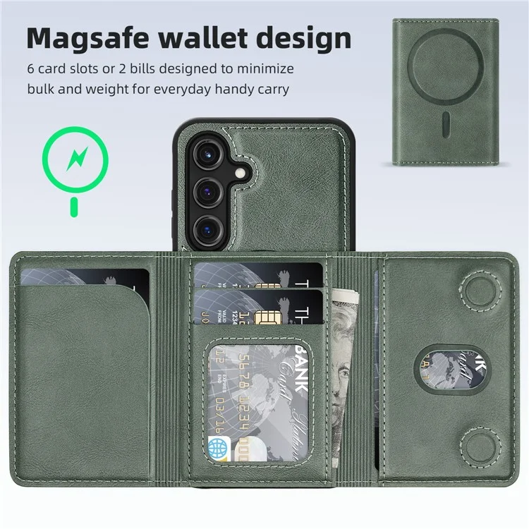 Funda para Samsung Galaxy S25 compatible con MagSafe, cubierta de teléfono de cuero con bolsa de tarjeta desmontable - Verde negruzco