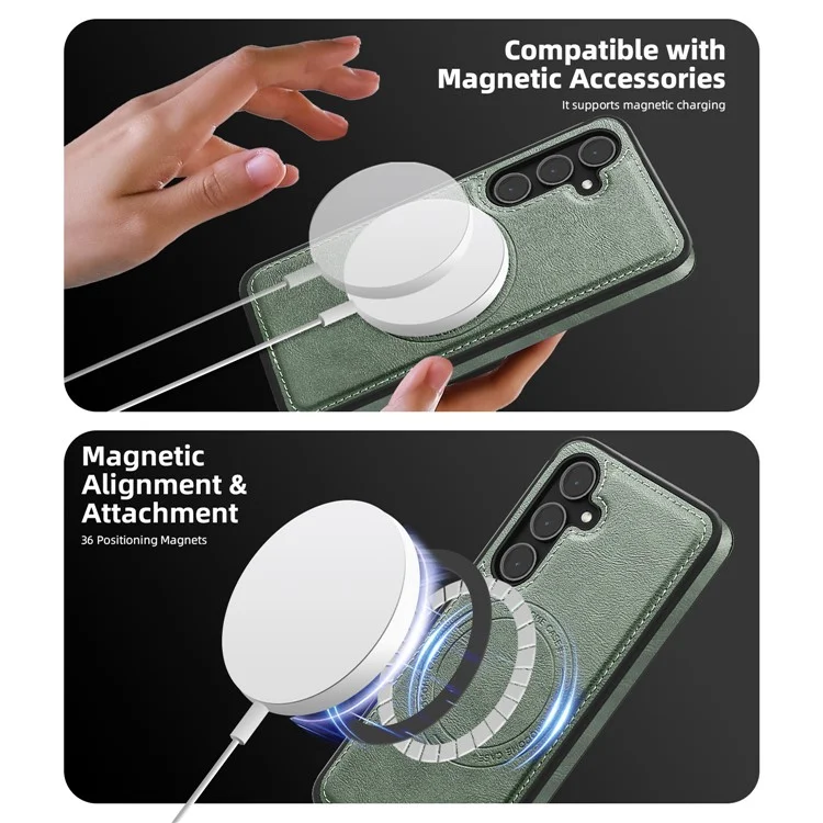 Funda para Samsung Galaxy S25 compatible con MagSafe, cubierta de teléfono de cuero con bolsa de tarjeta desmontable - Verde negruzco