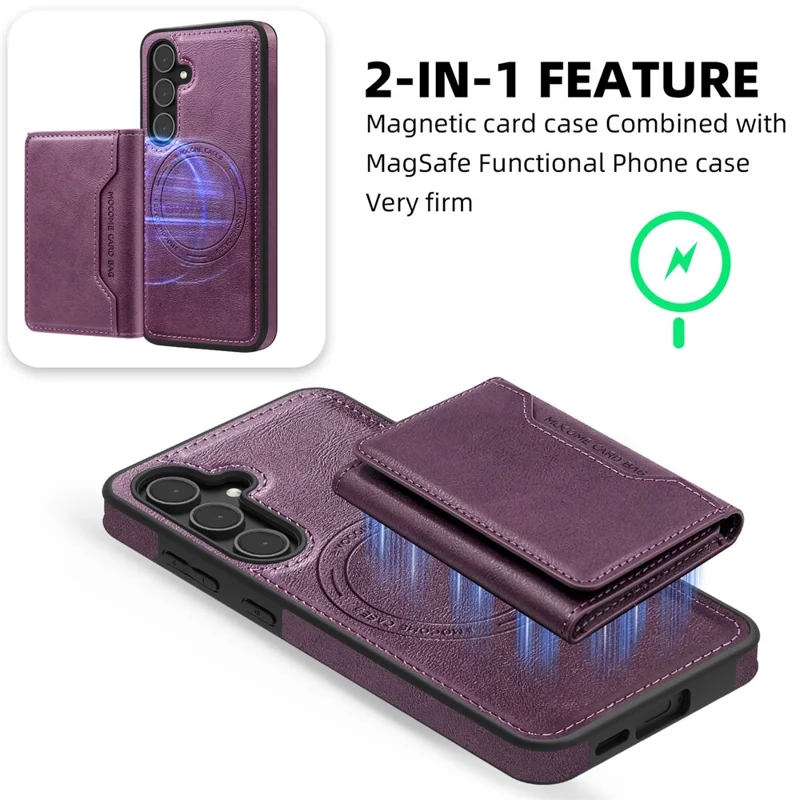 For Samsung Galaxy S25 Magnetic Case Leather Back Phone Cover with Detachable Card Bag - Dark Purple