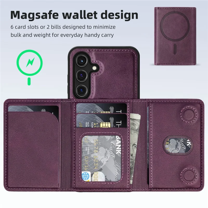 For Samsung Galaxy S25 Magnetic Case Leather Back Phone Cover with Detachable Card Bag - Dark Purple