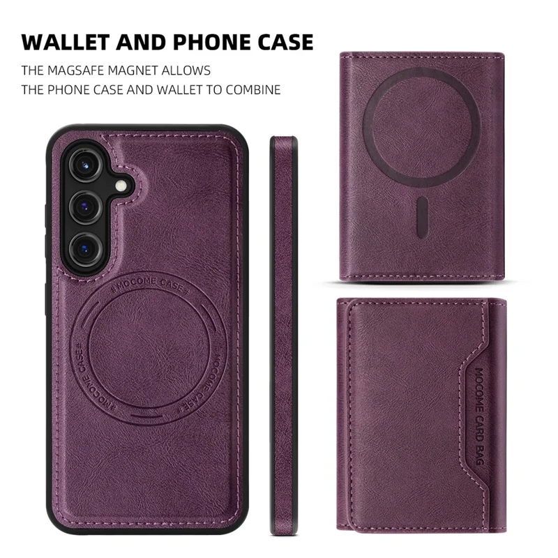 For Samsung Galaxy S25 Magnetic Case Leather Back Phone Cover with Detachable Card Bag - Dark Purple