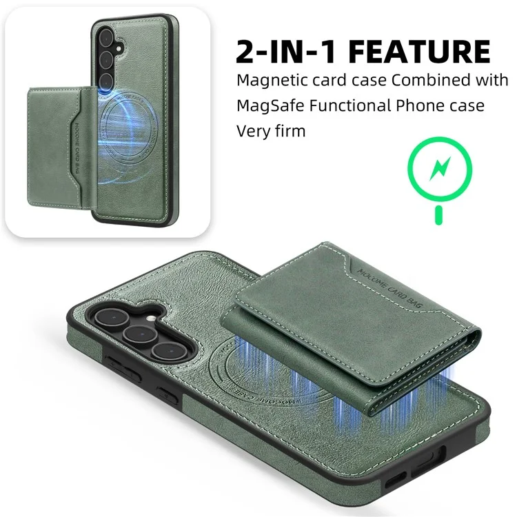 Funda para Samsung Galaxy S25+ compatible con MagSafe, cubierta de teléfono de cuero con bolsa de tarjeta desmontable - Verde negruzco