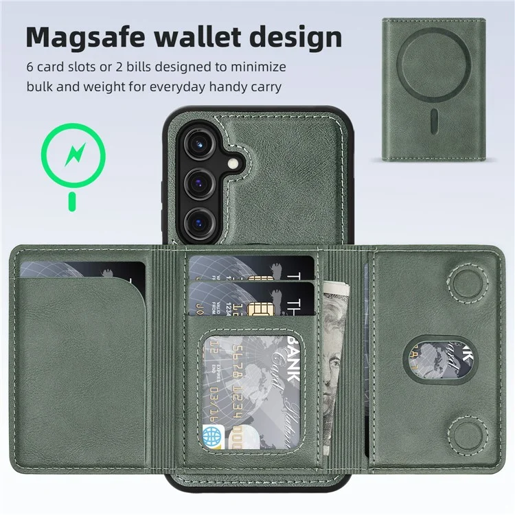 Funda para Samsung Galaxy S25+ compatible con MagSafe, cubierta de teléfono de cuero con bolsa de tarjeta desmontable - Verde negruzco