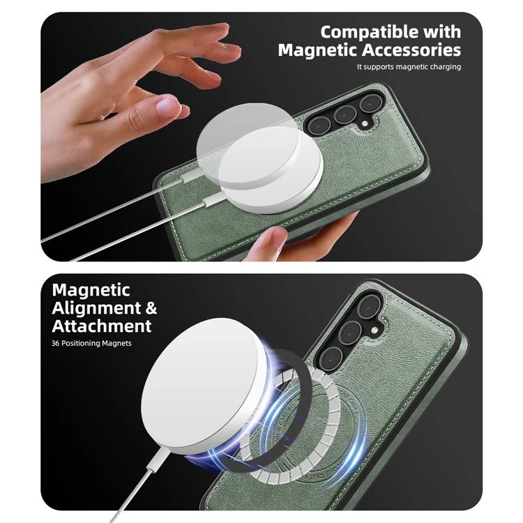 Funda para Samsung Galaxy S25+ compatible con MagSafe, cubierta de teléfono de cuero con bolsa de tarjeta desmontable - Verde negruzco